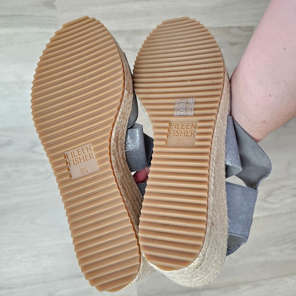 EILEEN FISHER 'willow' Espadrille Wedge Sandal In Pewter Metallic Suede Platform - Picture 8 of 8